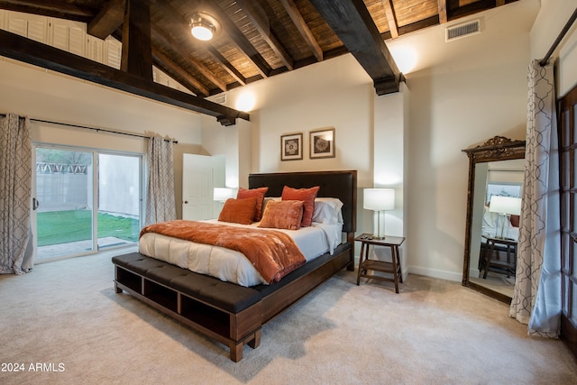 bedroom featuring wooden ceiling, beamed ceiling, light carpet, high vaulted ceiling, and access to outside