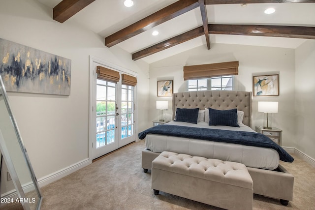 carpeted bedroom featuring access to outside, multiple windows, french doors, and vaulted ceiling with beams