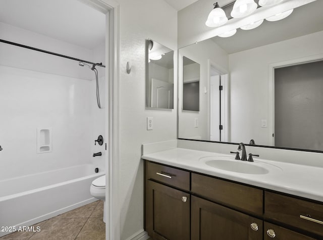 bathroom featuring shower / washtub combination, tile patterned flooring, vanity, and toilet