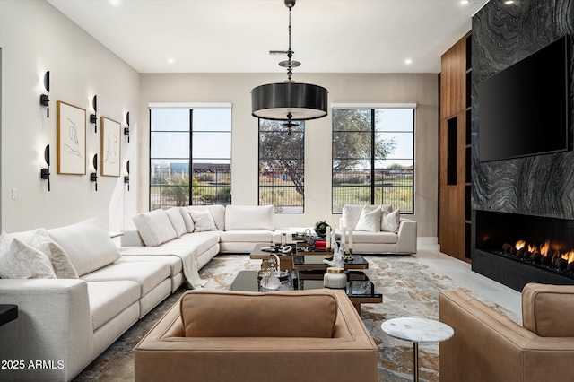 living room with a fireplace