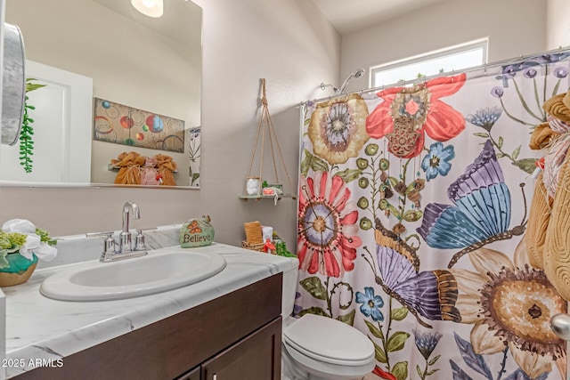 9429 E Grapefruit Dr, Florence, AZ 85132 - bathroom with vanity, toilet, and a shower with shower curtain