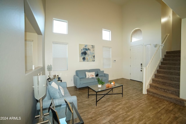 living room with a healthy amount of sunlight, a towering ceiling, and dark wood-type flooring