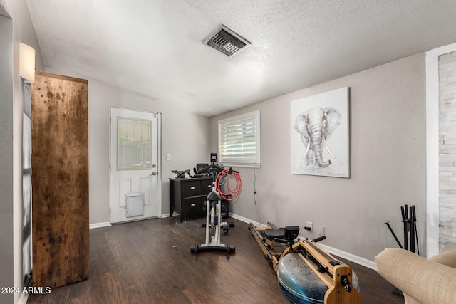 exercise room featuring lofted ceiling, a textured ceiling, and dark wood-type flooring