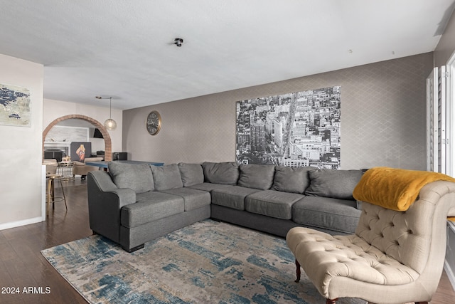 living room with dark wood-type flooring