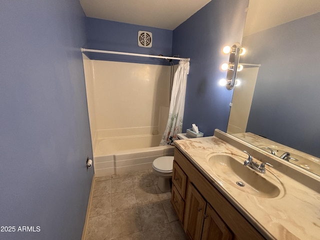 full bath featuring visible vents, vanity, toilet, and shower / tub combo with curtain