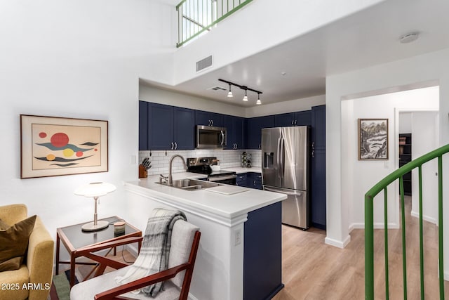 kitchen featuring blue cabinetry, backsplash, stainless steel appliances, kitchen peninsula, and light wood-type flooring