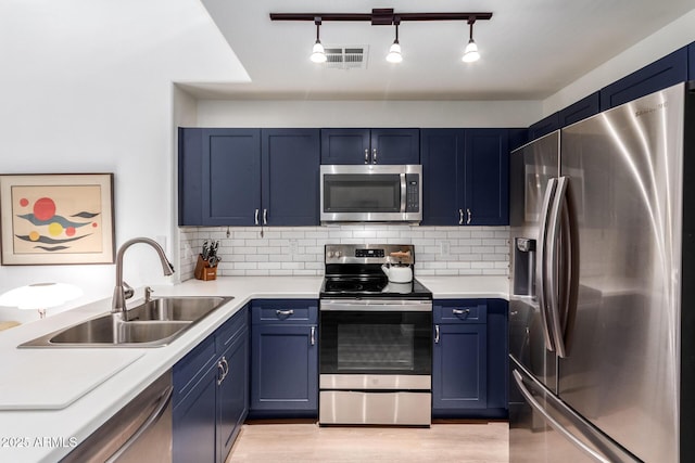 kitchen featuring stainless steel appliances, tasteful backsplash, sink, and blue cabinets