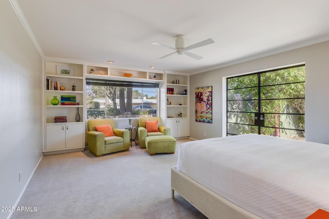 bedroom with crown molding, carpet, and ceiling fan