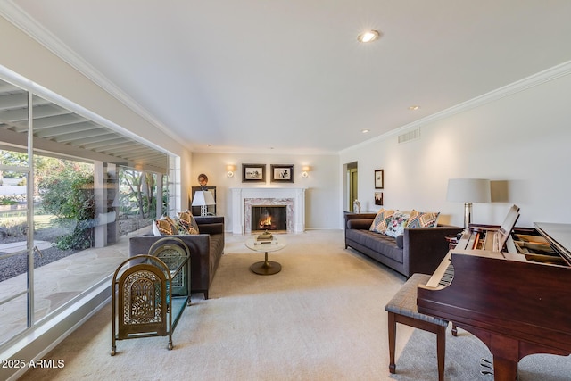 carpeted living room with a fireplace and ornamental molding