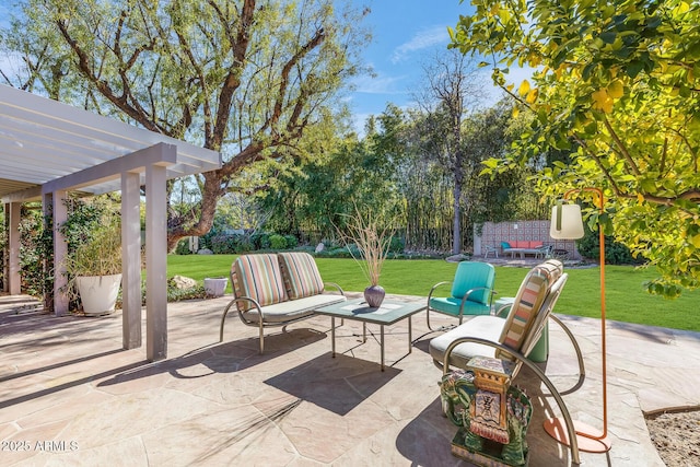 view of patio with an outdoor living space and a pergola