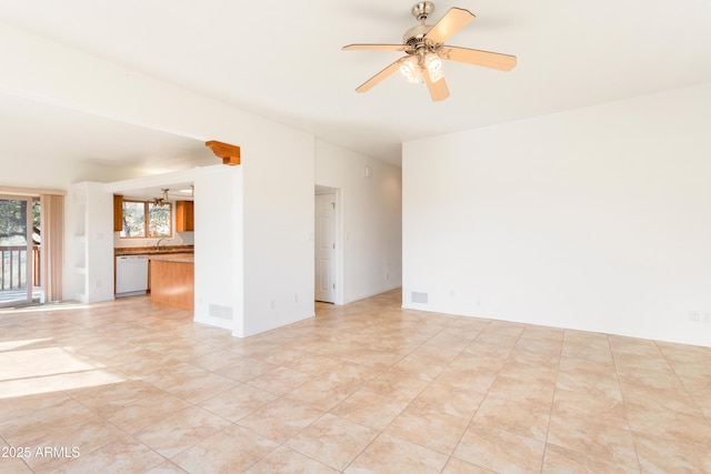 interior space with ceiling fan, visible vents, and a sink