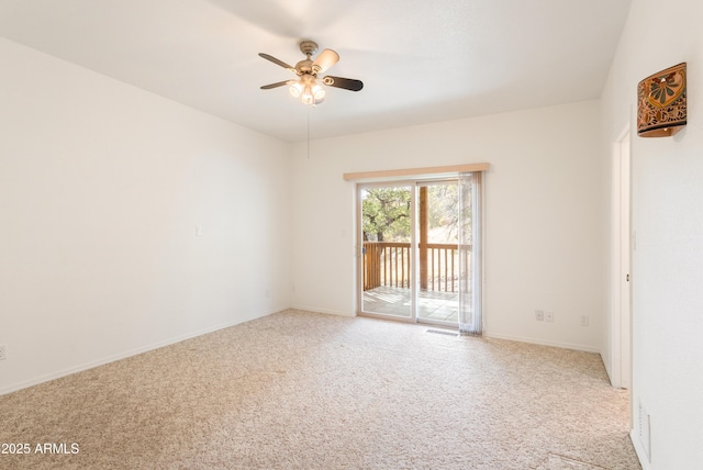 unfurnished room with light carpet, ceiling fan, and baseboards