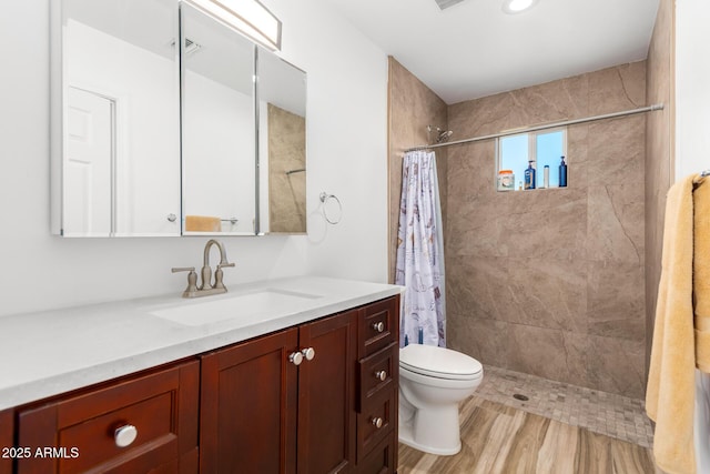 bathroom featuring vanity, curtained shower, and toilet