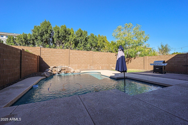 view of swimming pool with area for grilling and a patio