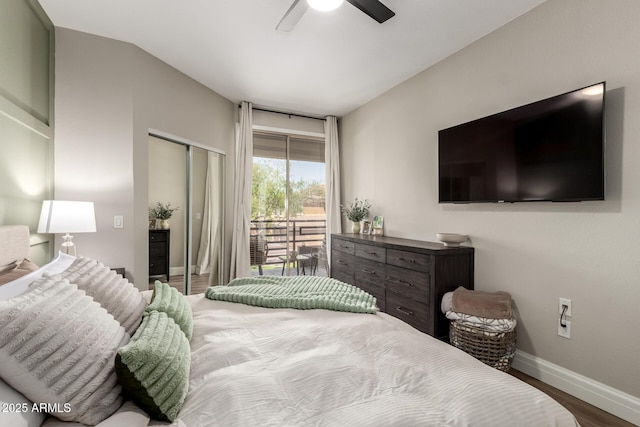 1411 E Orangewood Ave Unit 233, Phoenix, AZ 85020 - bedroom with access to outside, wood finished floors, baseboards, a closet, and a ceiling fan