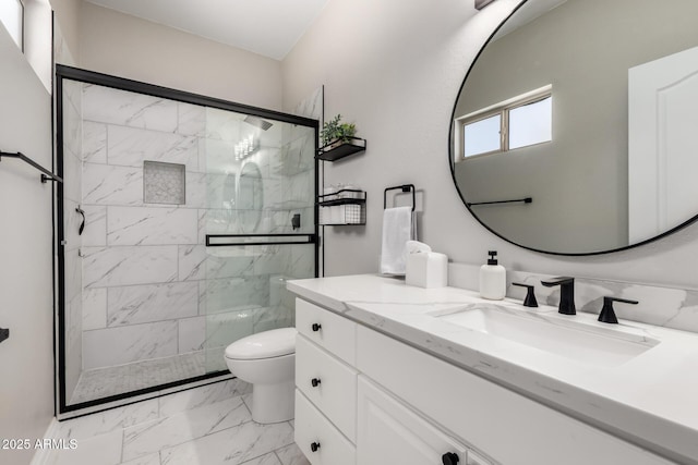 1411 E Orangewood Ave Unit 233, Phoenix, AZ 85020 - full bathroom with marble look tiles, toilet, a marble finish shower, and vanity