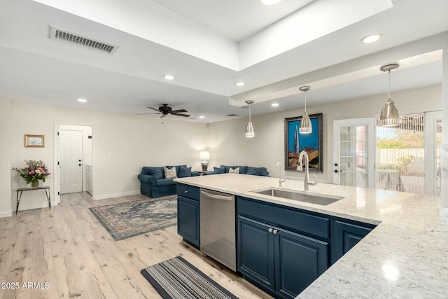 5253 E Waltann Ln, Scottsdale, AZ 85254 - kitchen featuring visible vents, a sink, recessed lighting, stainless steel dishwasher, and blue cabinetry