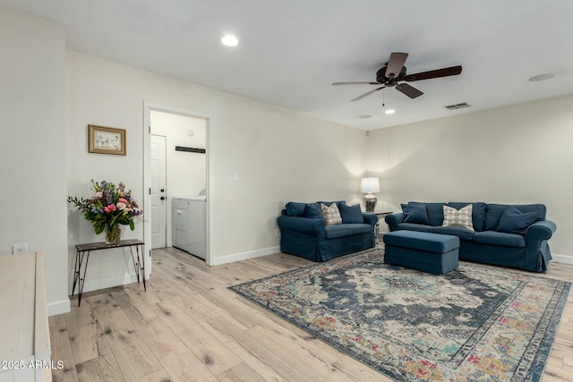 5253 E Waltann Ln, Scottsdale, AZ 85254 - living room featuring light wood-type flooring, a ceiling fan, visible vents, recessed lighting, and baseboards