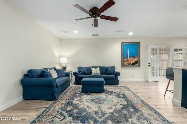 5253 E Waltann Ln, Scottsdale, AZ 85254 - living room with ceiling fan, light wood-type flooring, visible vents, recessed lighting, and baseboards