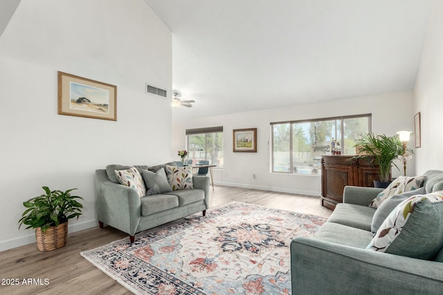 5253 E Waltann Ln, Scottsdale, AZ 85254 - living room featuring high vaulted ceiling, light wood finished floors, baseboards, and visible vents