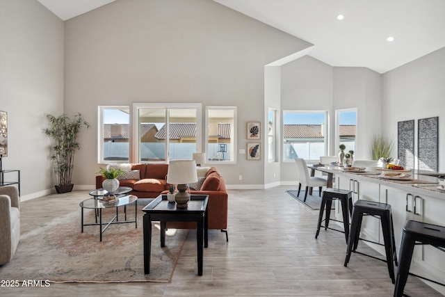 living room featuring high vaulted ceiling and light hardwood / wood-style flooring