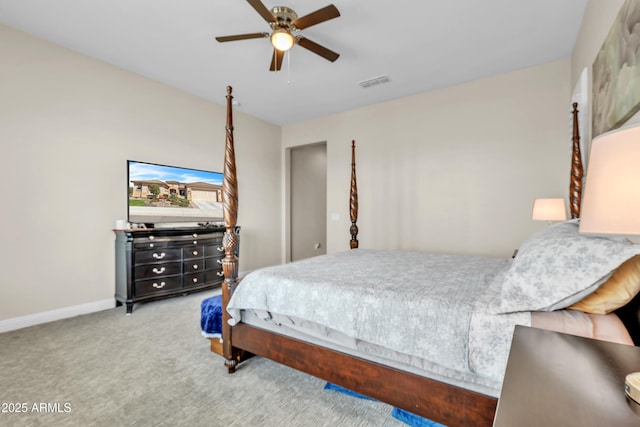 bedroom featuring carpet, visible vents, ceiling fan, and baseboards