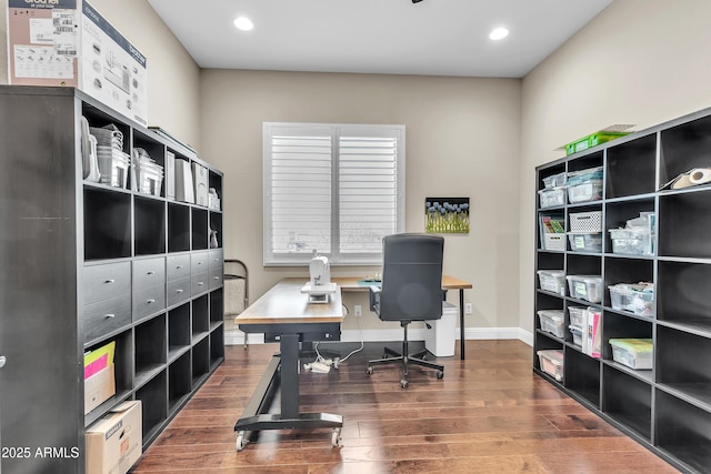 home office with recessed lighting, wood finished floors, and baseboards