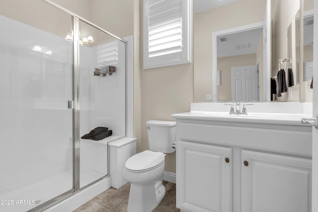 bathroom with a stall shower, tile patterned flooring, vanity, and toilet