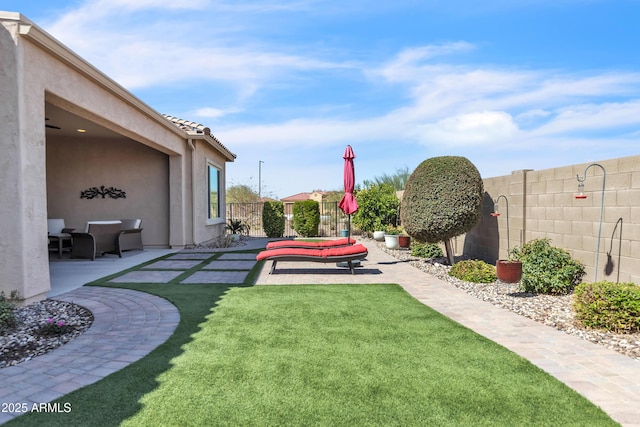 view of yard with a fenced backyard and a patio