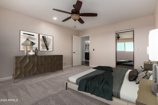 carpeted bedroom with recessed lighting, baseboards, and ceiling fan