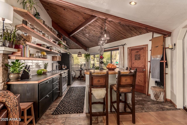 bar featuring wooden ceiling, vaulted ceiling with beams, tasteful backsplash, and stainless steel gas range oven