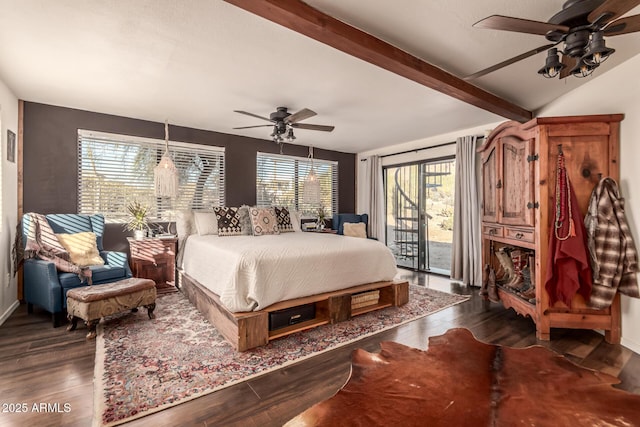 bedroom featuring access to outside, ceiling fan, dark hardwood / wood-style flooring, and multiple windows