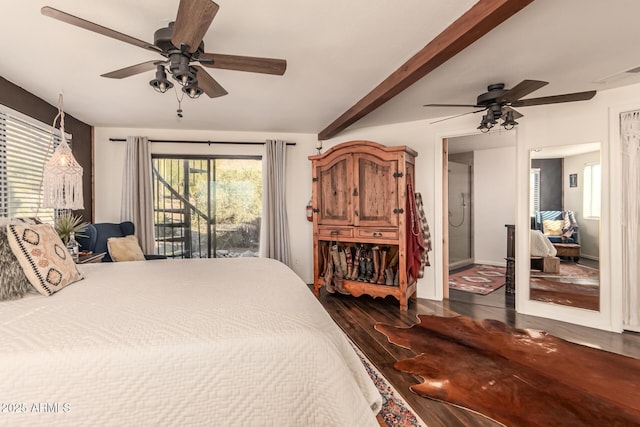 bedroom with dark wood-type flooring, ceiling fan, access to exterior, and beam ceiling