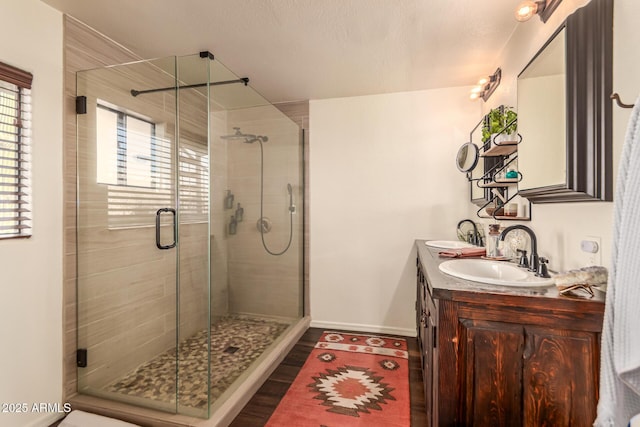 bathroom with a shower with shower door and vanity