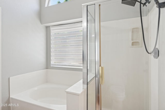 bathroom with toilet, a shower stall, and a bath