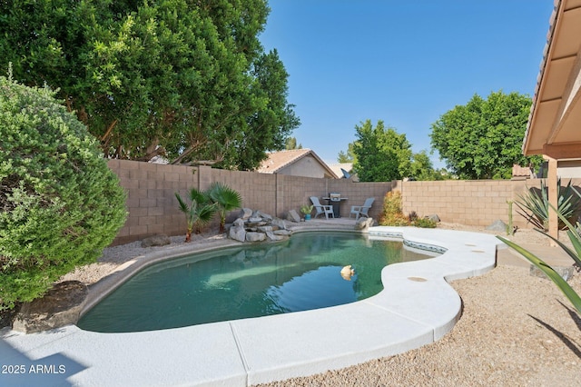 view of pool with a fenced in pool, a fenced backyard, and a patio area