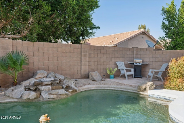 view of pool featuring a fenced in pool, a patio area, fence, and grilling area