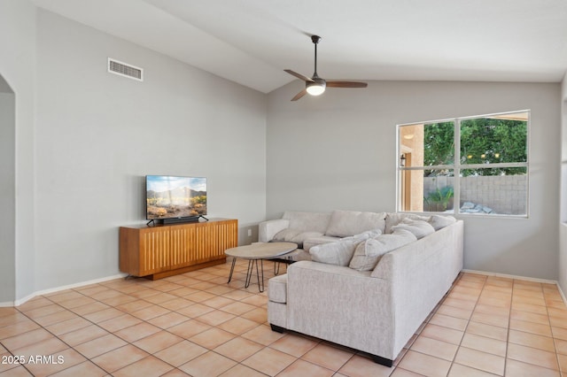 living area with ceiling fan, visible vents, arched walkways, light tile patterned floors, and high vaulted ceiling
