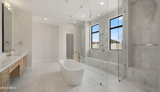 10220 N 66th St, Paradise Valley, AZ 85253 - full bathroom featuring tile patterned flooring, a sink, walk in shower, a freestanding bath, and double vanity