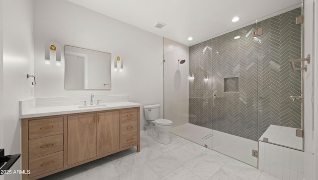 10220 N 66th St, Paradise Valley, AZ 85253 - full bathroom featuring toilet, vanity, a shower stall, marble finish floor, and visible vents