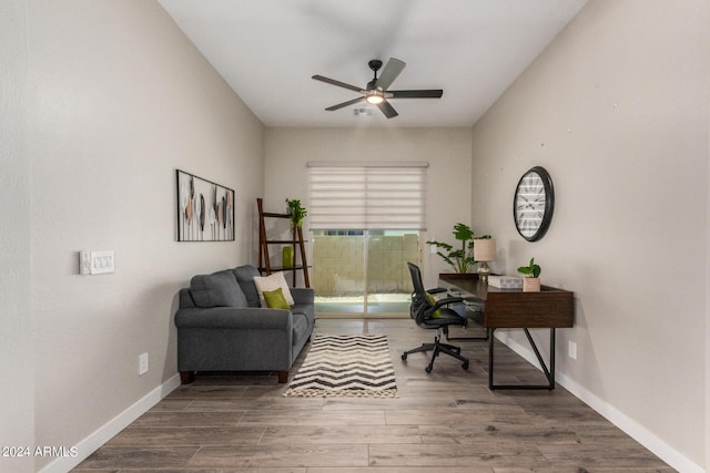 1557 E Flower St, Gilbert, AZ 85298 - home office with a ceiling fan, baseboards, and wood finished floors