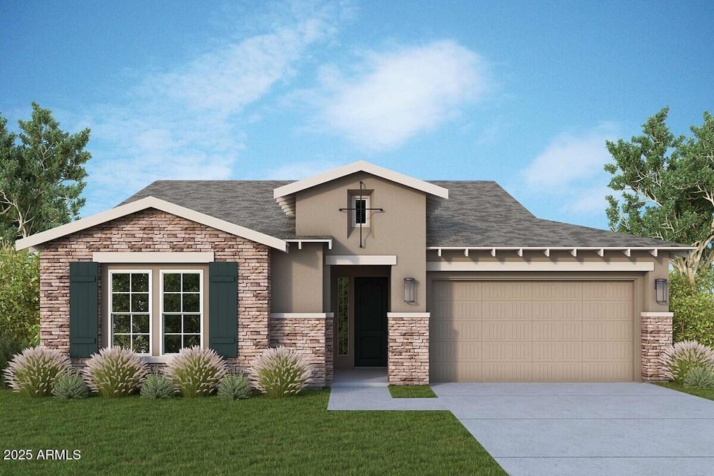 21599 W Pierson St, Buckeye, AZ 85396 - view of front of property featuring stone siding, a garage, driveway, and stucco siding