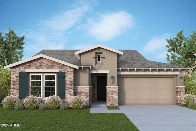 21599 W Pierson St, Buckeye, AZ 85396 - view of front of property featuring stone siding, a garage, driveway, and stucco siding