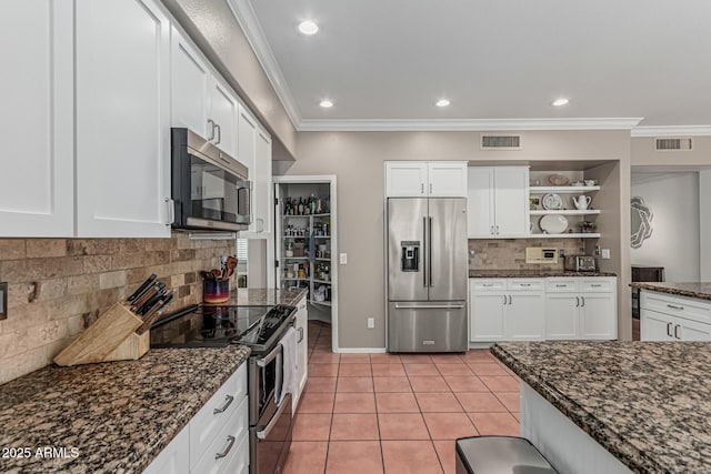 kitchen featuring crown molding, open shelves, stainless steel appliances, backsplash, and visible vents