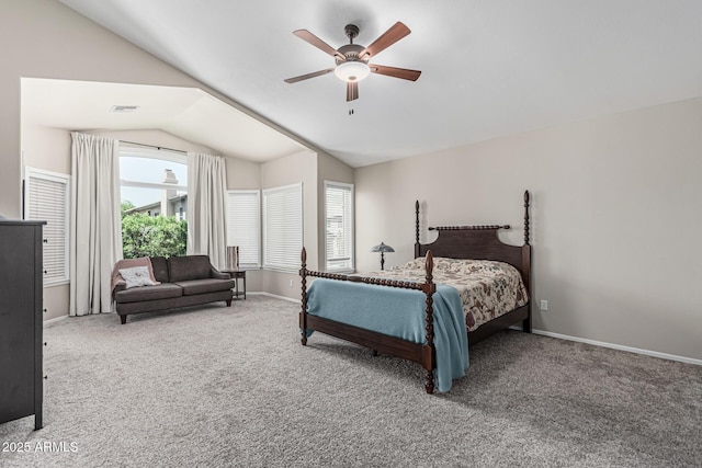 bedroom featuring vaulted ceiling, carpet floors, baseboards, and visible vents