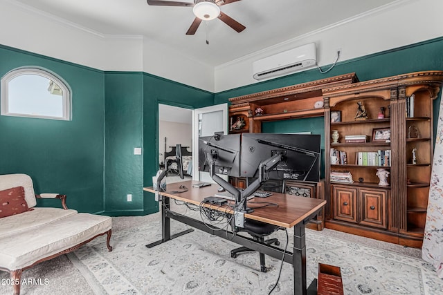 office area featuring ornamental molding, an AC wall unit, and ceiling fan
