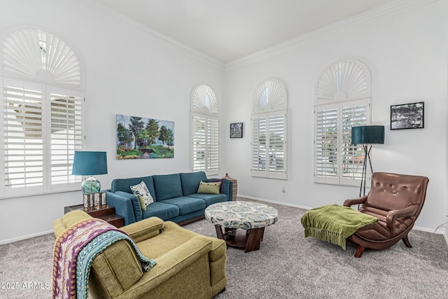 carpeted living area with baseboards and ornamental molding
