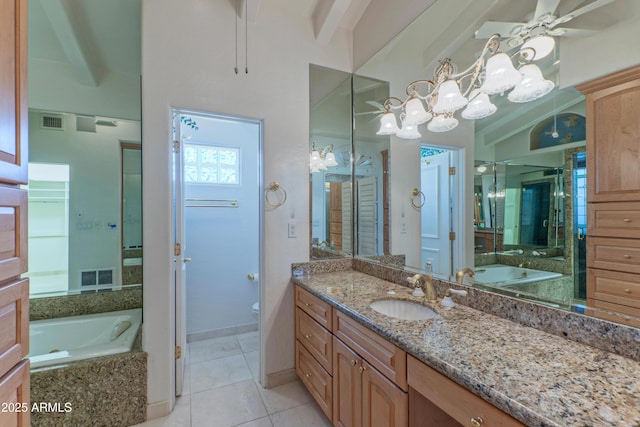 bathroom featuring visible vents, toilet, a garden tub, a shower stall, and tile patterned flooring