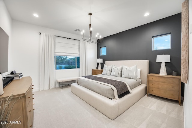 5901 E Sierra Morena St, Mesa, AZ 85215 - bedroom with an inviting chandelier, recessed lighting, multiple windows, and light carpet