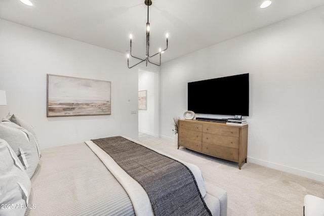 5901 E Sierra Morena St, Mesa, AZ 85215 - bedroom featuring baseboards, light carpet, recessed lighting, and a notable chandelier